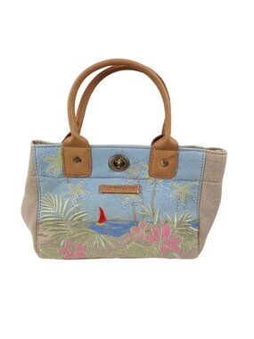 Caribbean Joe Mini Tote Handbag Embroidered Tropical Canvas Turn Lock Closure